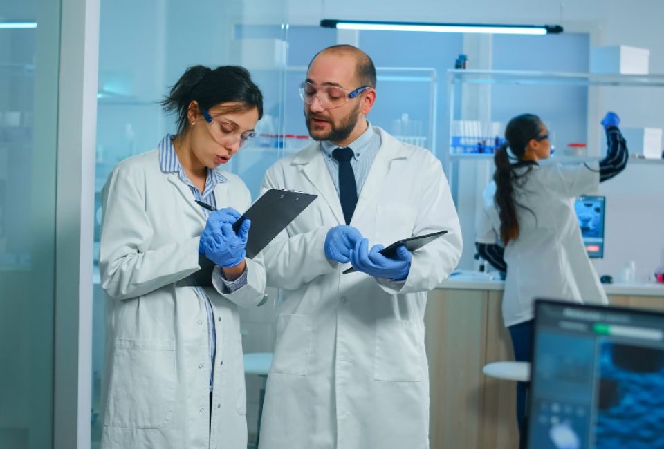 two scientists look over ciplboards