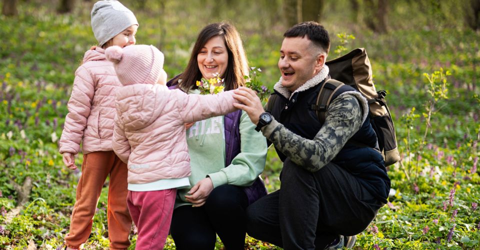 young family picking flower
